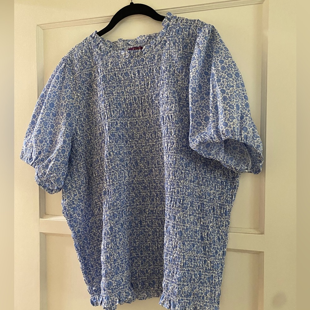 J. Crew Blue and White Smocked Puff-Sleeve Top